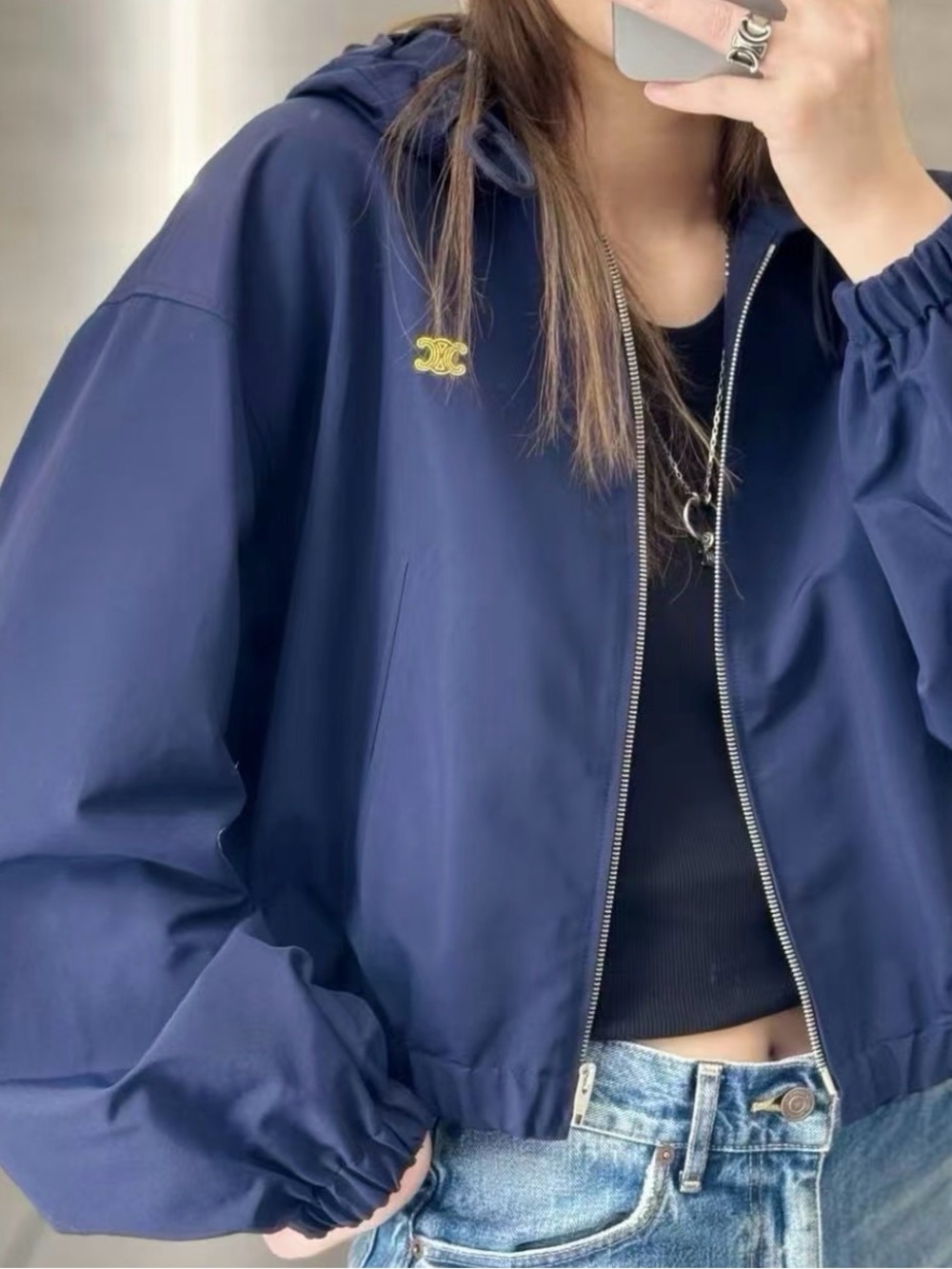 Celine Navy Hooded Zip-Up Jacket with Gold Logo